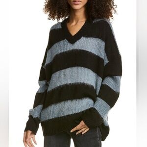 All Saints Lou Sparkle Black and Blue Striped V-Neck Wool Blend Sweater